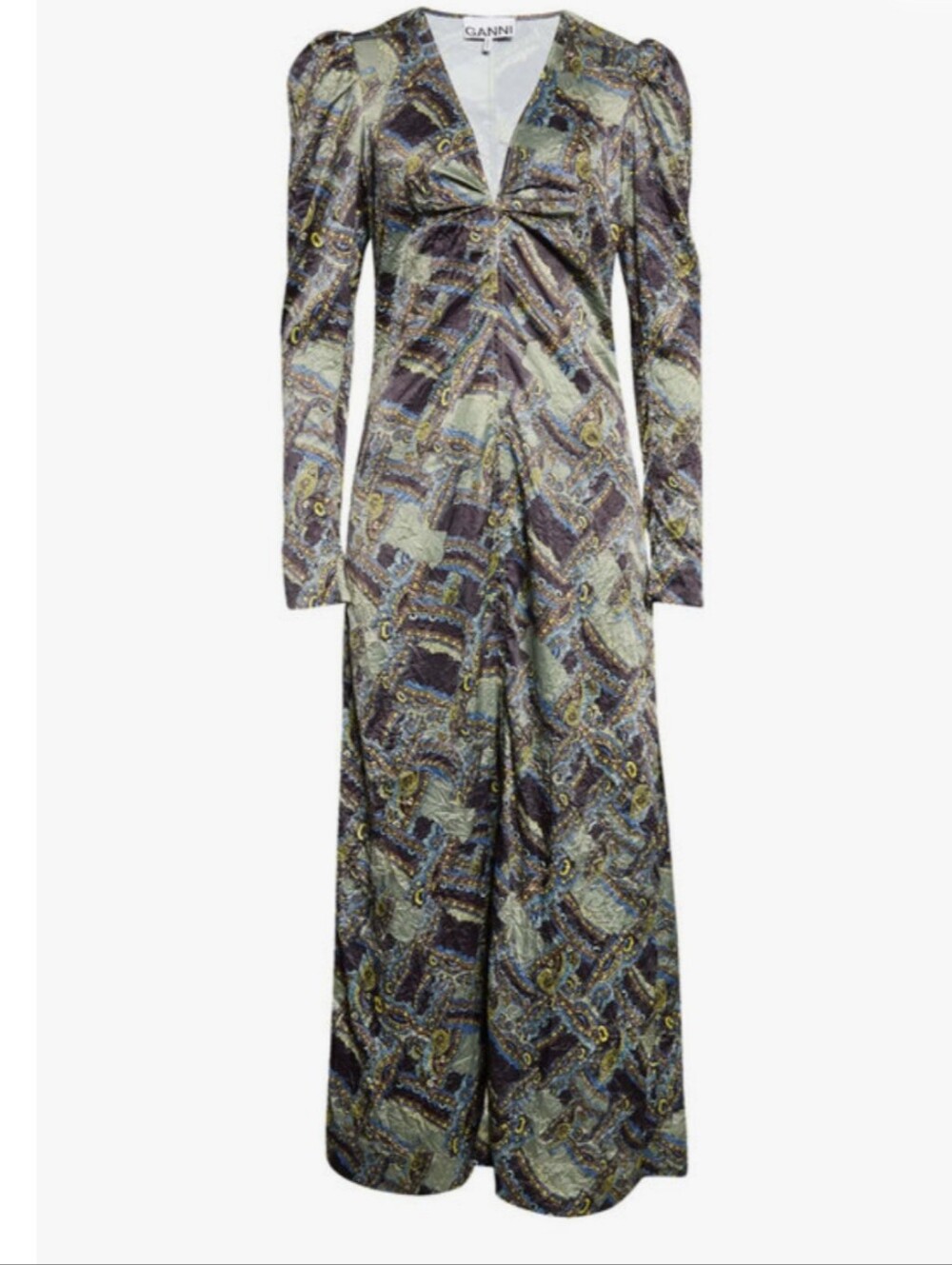 Ganni Black Navy and Sage Paisley V-neck Dress